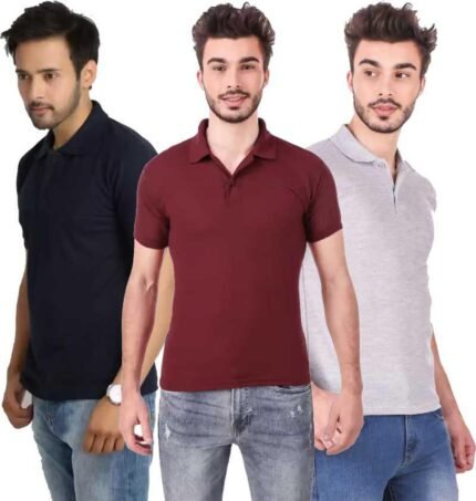 Men's Polo Neck Short Sleeve Casual Tshirt Combo of Dark Blue, Maroon, Grey colors (Pack of 3)