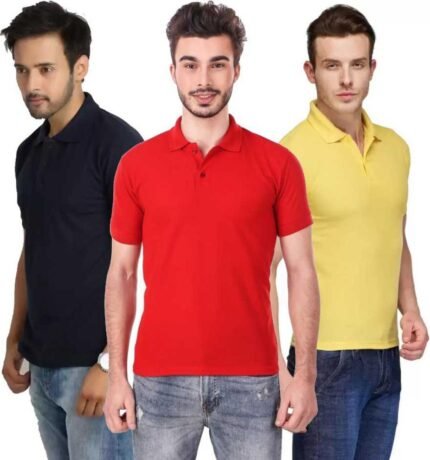 Men's Polo Neck Short Sleeve Casual Tshirt Combo of Dark Blue, Red, Yellow colors (Pack of 3)